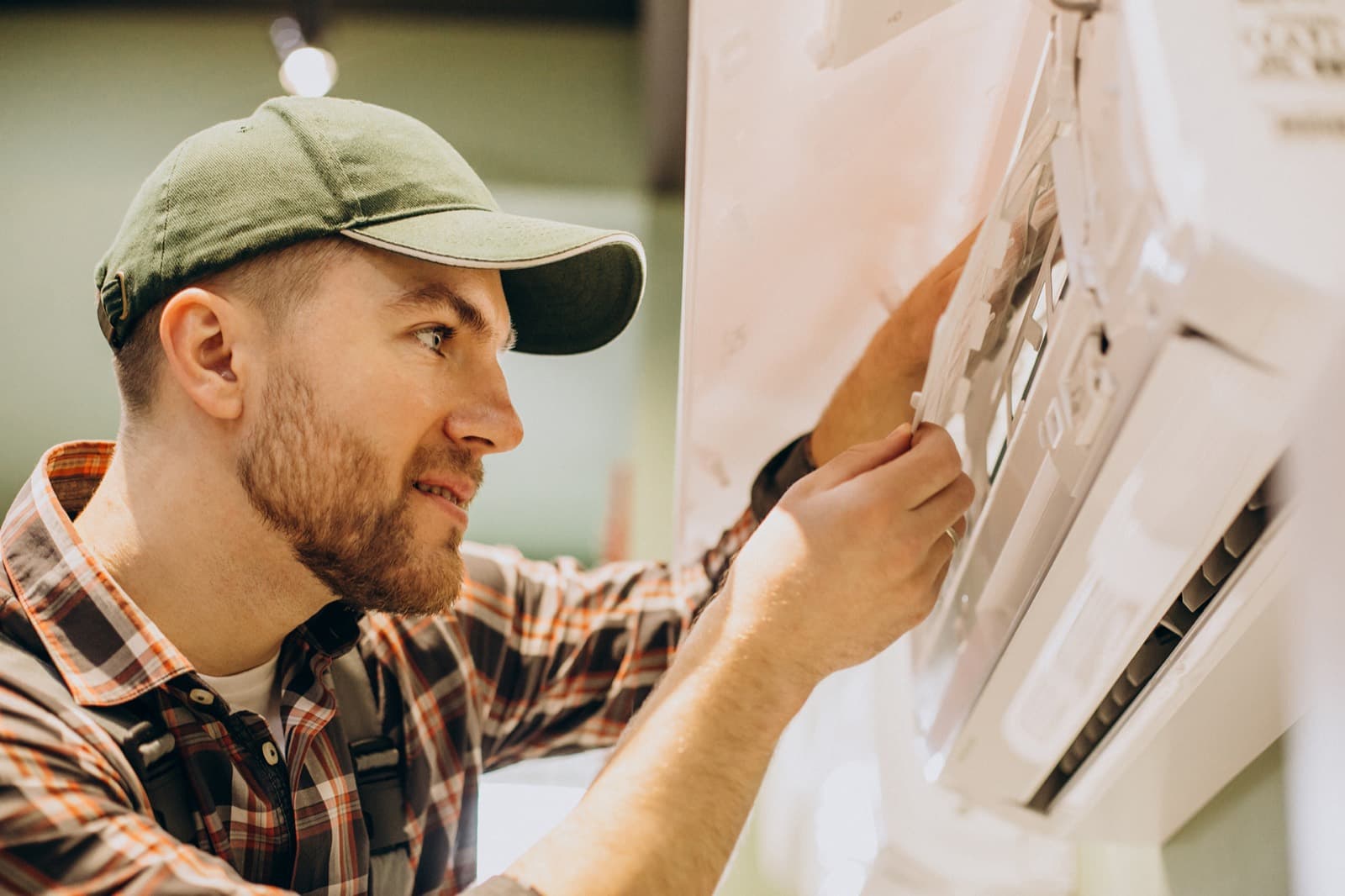 Technicien qui ouvre le panneau d’une thermopompe murale