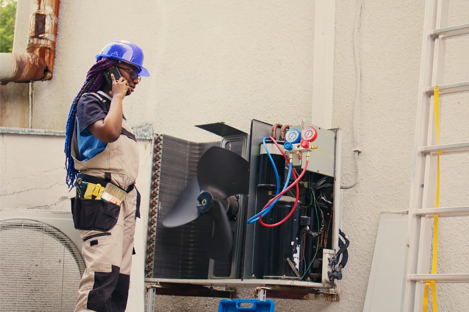 Technicien qui répare un climatiseur extérieur ouvert
