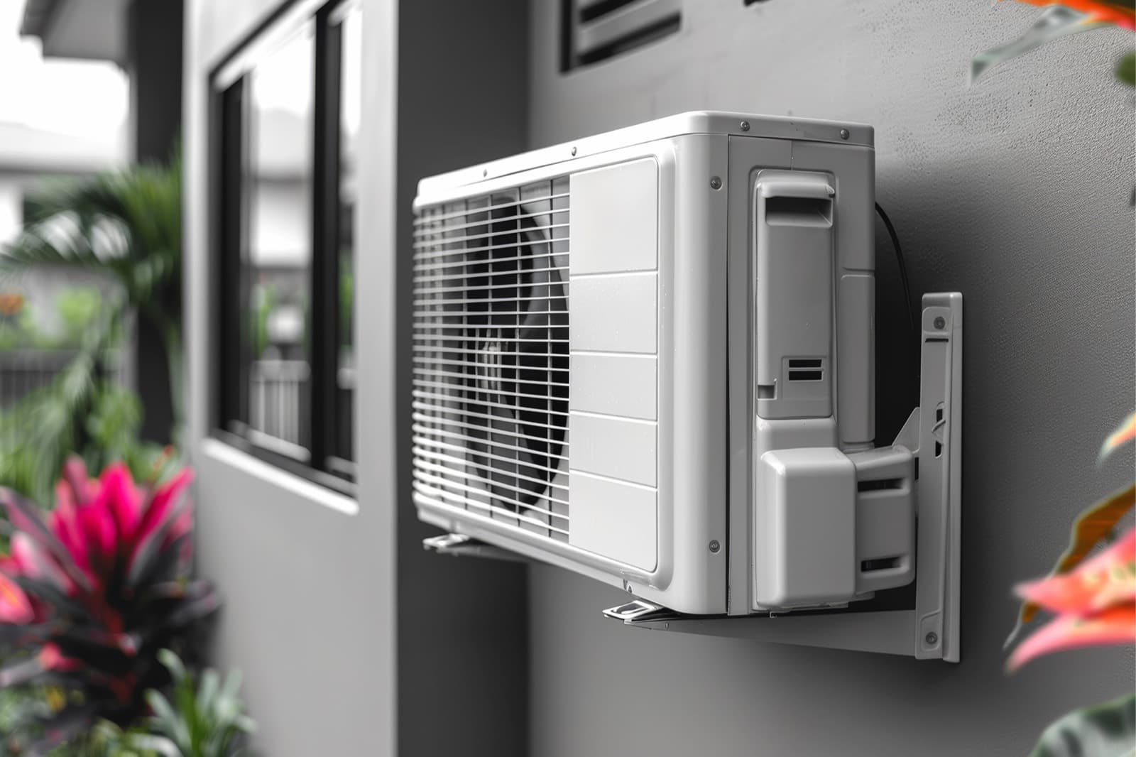 Unité extérieure de thermopompe fixée au mur d’une maison